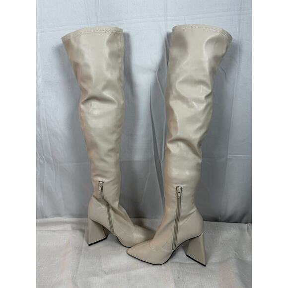 Pixel Shoes - Forever 21 Women's Faux Leather Over-the-Knee Boots in Cream Size 6